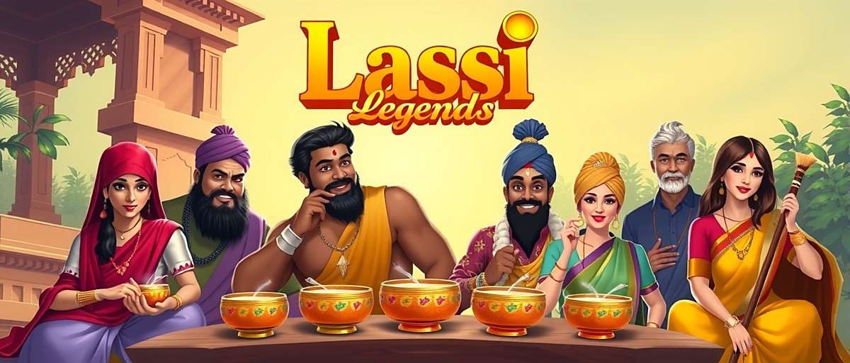 Lassi Legends Official Cover Art Lassi Legends game cover showing various regional characters with lassi bowls in vibrant Indian setting